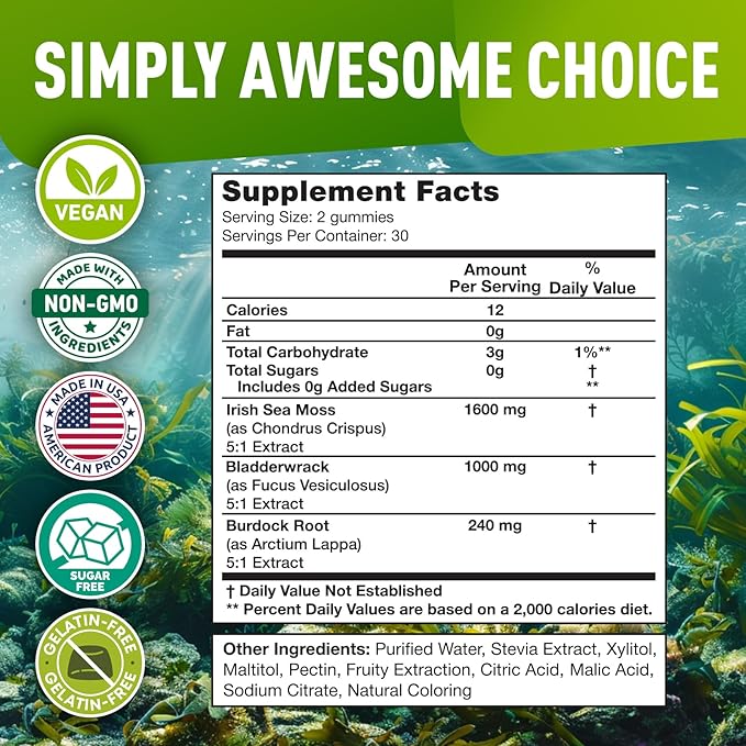 Sea Moss Gummies - Wildcrafted Irish Sea Moss Gummies for Adults & Kids - Seamoss Gel Gummies with Sea Moss Gel, Bladderwrack & Burdock Root Extract - 60 Vegan Sea Moss Gummies