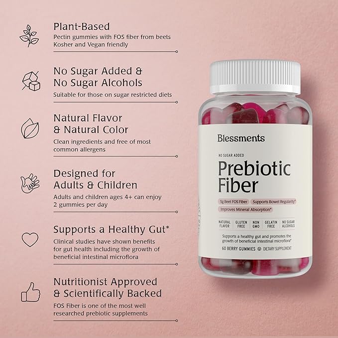 Prebiotic Fiber Gummies for Adults & Kids with No Added Sugar- 5g (60 Count-2 Pack) High Fiber Supplement Gummies - Vegan - Keto Friendly - Digestive Health Supplements