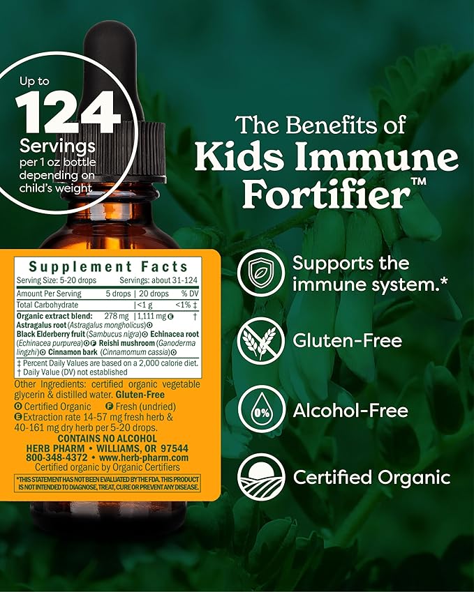 Herb Pharm Kids Certified-Organic Alcohol-Free Immune Fortifier Liquid Herbal Formula, 1 Ounce