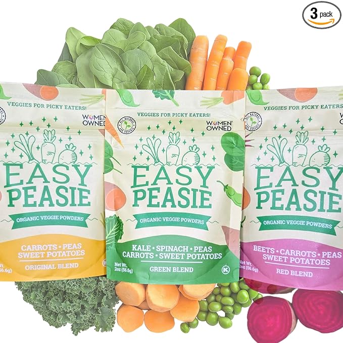 Easy Peasie Organic Veggie Powder Blends for Kids and Picky Eaters | Hidden Vegetable Powder Additive for Meals and Smoothies (3-Pack Pouches: Green, Red, and Original - each 2 oz)