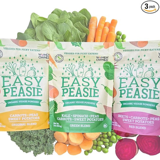 Easy Peasie Organic Veggie Powder Blends for Kids and Picky Eaters | Hidden Vegetable Powder Additive for Meals and Smoothies (3-Pack Pouches: Green, Red, and Original - each 2 oz)