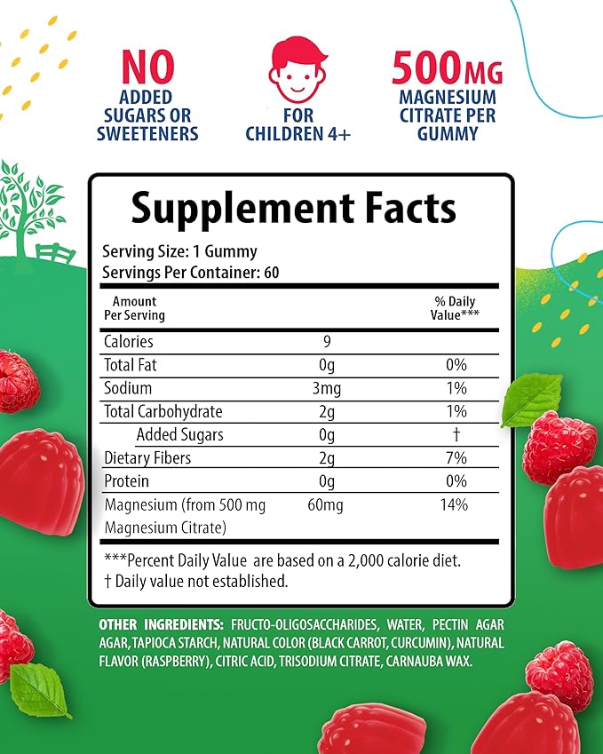 Sugar-Free Magnesium Gummies for Kids & Teens - 500mg Calm Magnesium Citrate Gummies - Chewable Magnesium Gummy Supplement for Sleep, Mood & Muscle Support