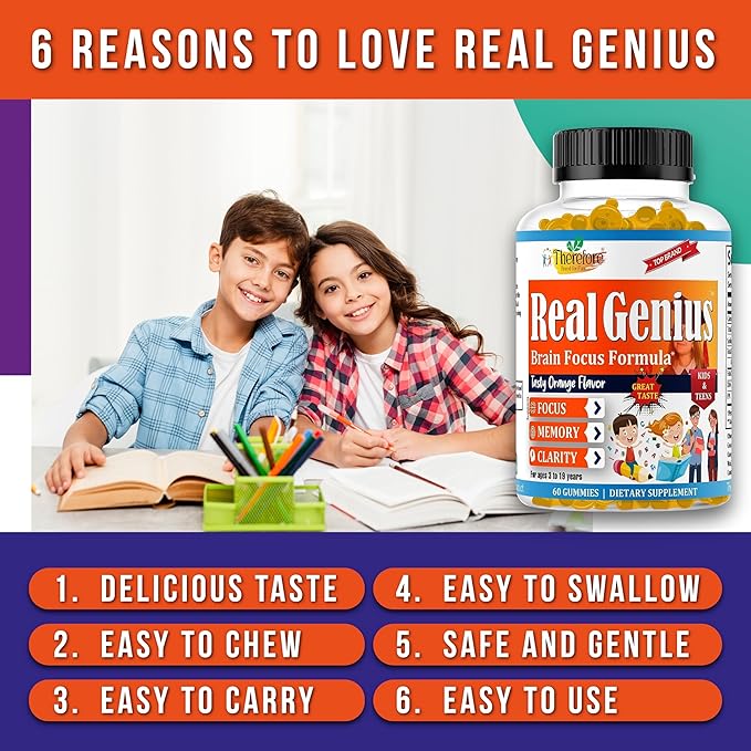 Real Genius Kids Focus Gummies – Brain Booster Supplement with Omega-3 DHA & EPA – Supports Memory, Attention & Focus – Gummy Vitamins for Teens & Children – Low-Sugar, Vegan, 60 Gummies