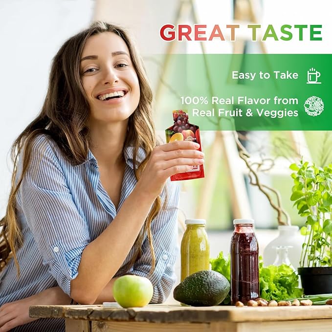 Fruit and Veggies Supplement - 30 Pouches Superfoods & Super Greens for Adults & Kids - Liquid Fruits and Vegetables with Vitamins & Minerals - Support Energy, Detox, Immunity, Digestion & Metabolism
