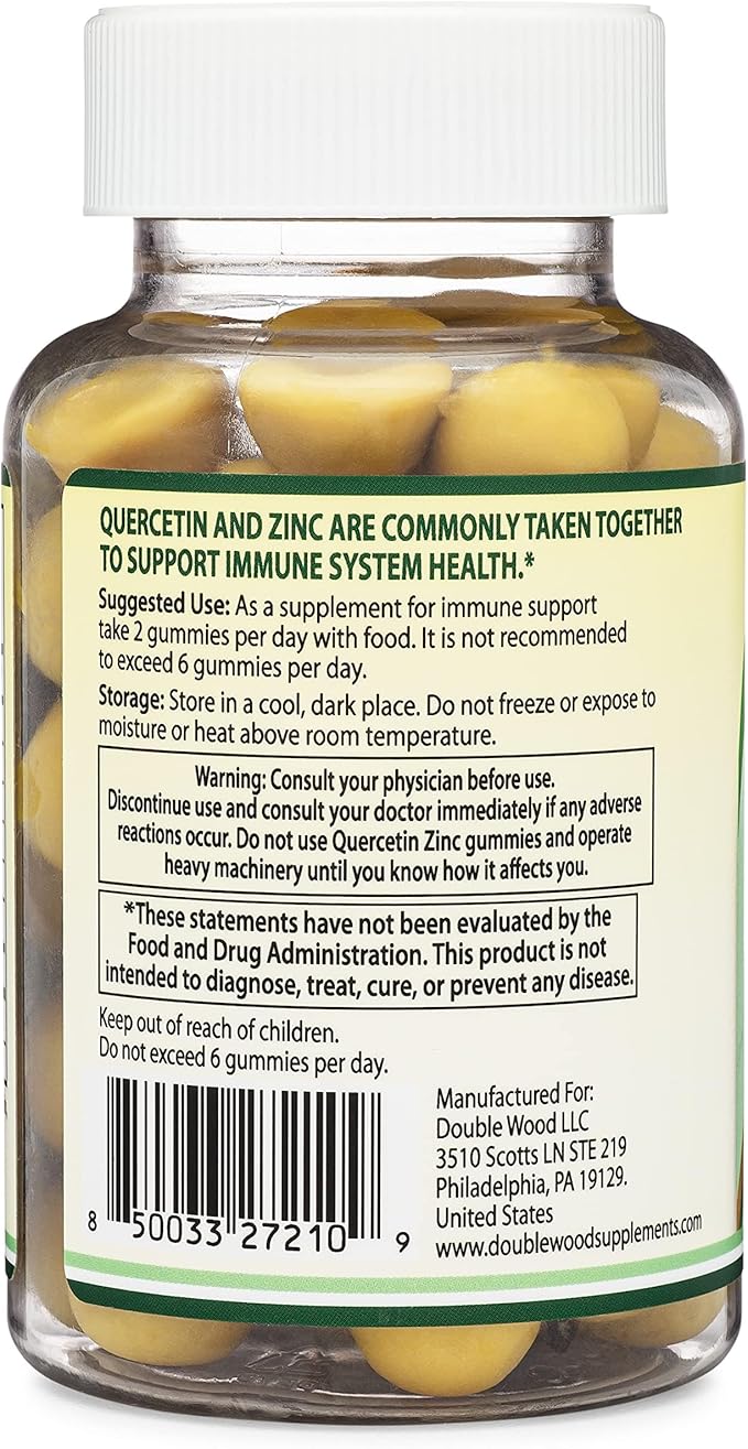 Quercetin Gummies with Zinc (100mg of Quercetin and 91% Daily Zinc per Serving) 60 Mango Flavored Chewable Immune Support Gummies for Adults and Kids (Non-GMO and Gluten Free) by Double Wood