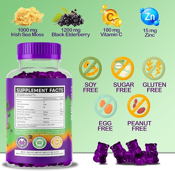 Sea Moss & Elderberry Gummies with Folic Acid – Immune, Thyroid & Prenatal Support for Adults & Kids – Vegan, Non-GMO – 60 Berry-Flavored Gummies – Made in The USA