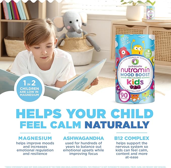 NUTRAMIN Kids Mood Boost Vegan Vitamin Gummy: Calming Magnesium Citrate Supplement for Children with Ashwagandha & Vitamin B Complex to Relax & Focus - Sugar-Free, Allergy-Safe, Non-GMO 90 ct