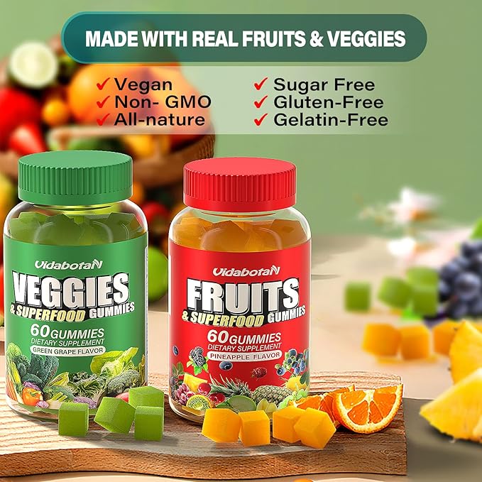 Super Fruits and Veggies Supplement - Super Fruits and Vegetables Gummies for Women,Men and Kids, Sugar Free Vegan Gummies for Nature Energy Balance, 60 Count(Pack of 2)