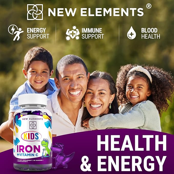 New Elements Iron Dinosaur Gummies for Kids with Vitamin C | Sugar-Free, Vegan, Gluten-Free & Non-GMO | Anemia Relief, Energy & Blood Health Support | Grape Flavor, Pectin-Based for Optimal Health