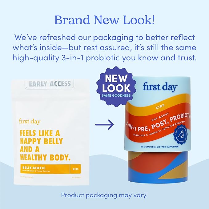 FIRST DAY Kids 3-in-1 Probiotic Gummies – Prebiotic + Probiotic + Postbiotic Supplement – Supports Digestive & Oral Health, Immune Function & Energy Levels – 30-Day Supply