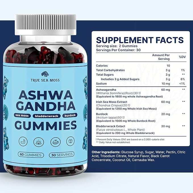 Sea Moss Gummies with Ashwagandha, Burdock Root & Bladderwrack – Vegan, Non-GMO Seamoss Supplement for Men, Women & Kids – 1200mg Irish Moss, Low Sugar, USA Made, 60 Gummies