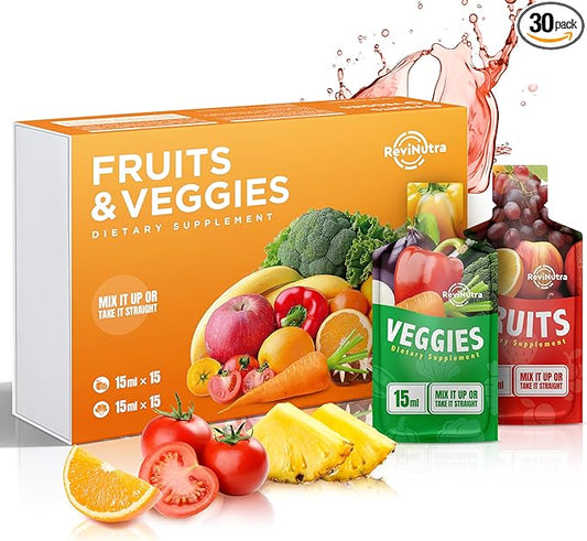 Fruit and Veggies Supplement - 30 Pouches Superfoods & Super Greens for Adults & Kids - Liquid Fruits and Vegetables with Vitamins & Minerals - Support Energy, Detox, Immunity, Digestion & Metabolism