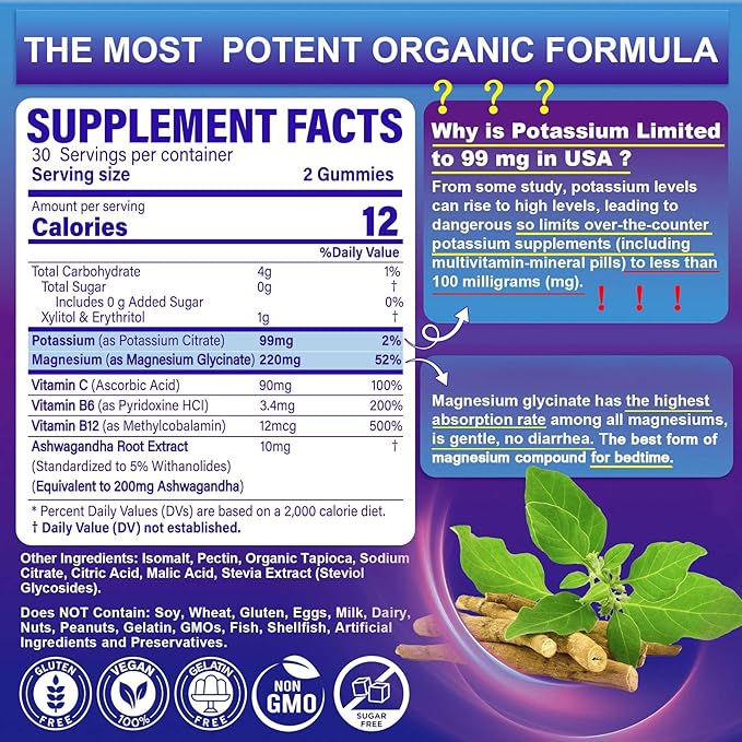 Potassium Magnesium Gummies - (Made in USA)-Potassium Supplement w/Ashwagandha 200mg, Magnesium Glycinate,B6,B12,P-otassium Citrate for Leg Cramps,Muscle,Electroyte for Adults Kids,Sugar-Free,1Pack