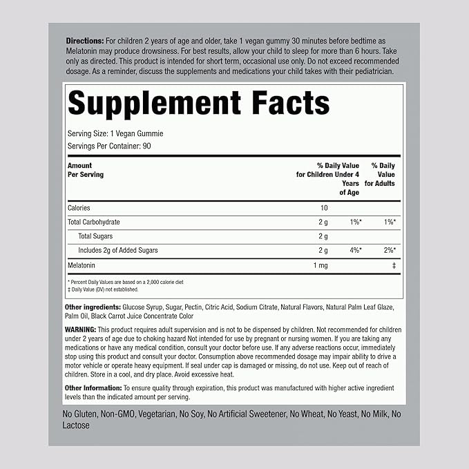 Piping Rock Kids Melatonin Gummies | 1mg | 90 Count | Supplement for Children | Cherry Flavor | Vegan, Non-GMO, Gluten Free