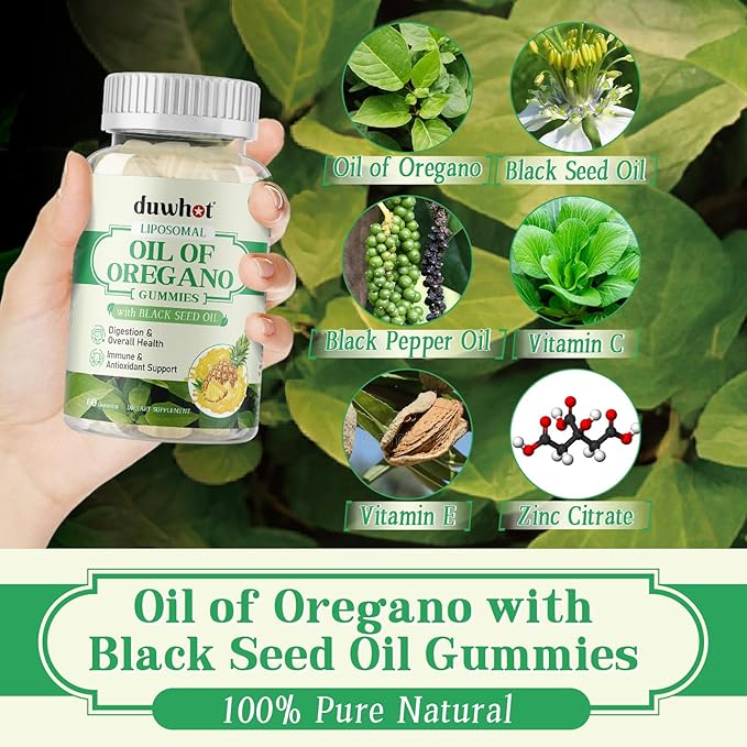 Liposomal Oregano Oil Gummies, Organic Chewable Oil of Oregano with Black Seed Oil for Kids & Adults, Immune System & Gut Health, Natural Pineapple Flavor, 60 Count