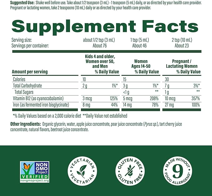 MegaFood Blood Builder Liquid Iron Supplement for Women, Men & Kids, Clinically Shown to Increase Iron Levels Without Constipation, Vegan, 7.7 Fl Oz (23 Servings)