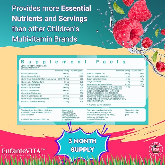 All in One Kids Vitamins, 90 Day Supply, Powder Multivitamin with Probiotics, Immune Support, Gut Health, Vegan D3, Sugar Free, Non GMO, Natural Flavor, Doctor Formulated, Daily Nutrition