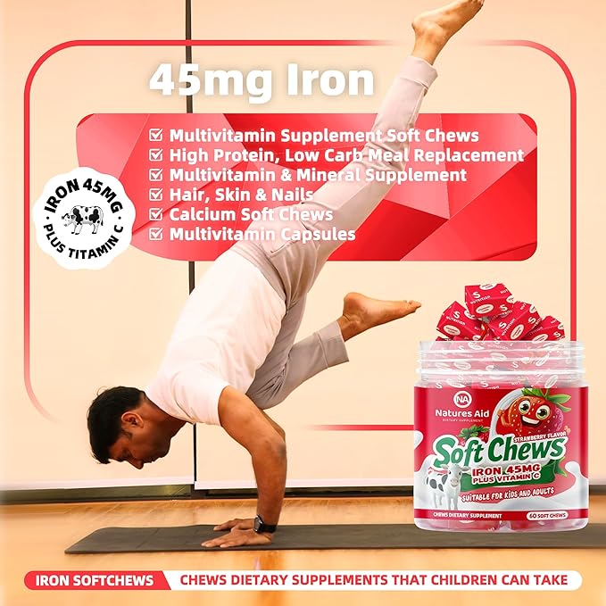 Chewable Iron Supplement for Women & Men and Kids - Strawberry Flavor, Iron Vitamin C Soft Chew for Max Absorption, Iron as Ferrous Fumarate, Ideal for Iron Deficiency, 2 Month Supply
