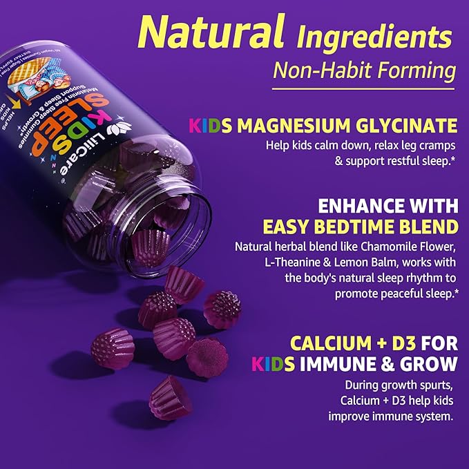 Kids Sleep Gummies - Magnesium Glycinate Gummies, Melatonin Free Sleep Aid | Magnesium, Calcium, D3, B6, L Theanine | Kid Melatonin Alternative for Restful Sleep (Pack of 2)