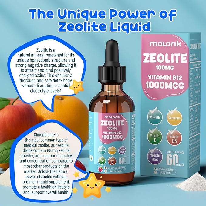 Zeolite Detox for Kids & Adults, Zeolite Liquid Drops with 300mg Chlorella, 200mg Curcumin, Vitamin Blend and Probiotic for Speech & Brain Health, Immune, Digestive, Energy, Berry Flavor, 60ML