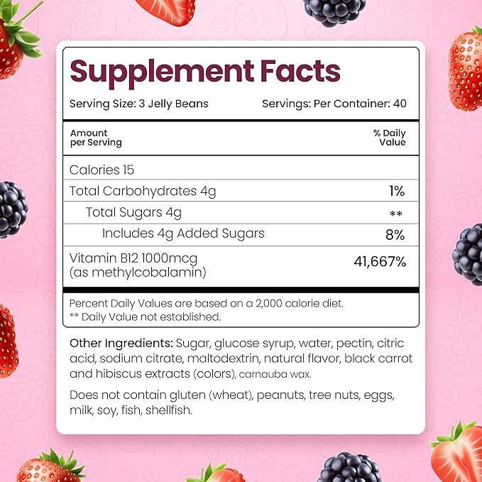 B12 Jelly Beans - Chewable Vitamins Gummies for Kids - Children's Vitamin Supplements - Vegan Energy B12 Gummy Supplement - 120 Berry Beans