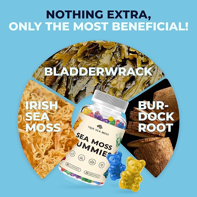 Irish Sea Moss Gummies with Burdock Root & Bladderwrack - Vegan Seamoss Supplement for Women, Men & Kids, Non-GMO, 60 Sea Moss Gummies