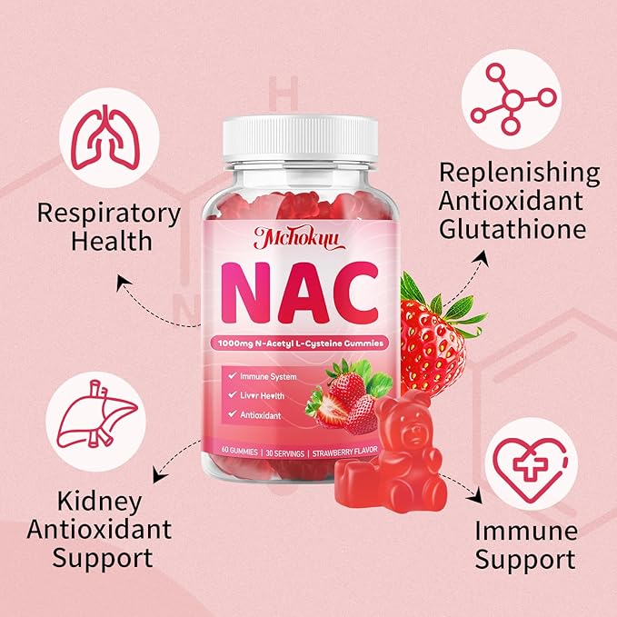 NAC Gummies for Adults & Kids 1000mg, NAC Supplement N-Acetyl Cysteine, Immune Support Liver & Lung Health Antioxidant Sugar-Free, Strawberry Flavor Gummy, 60 Counts