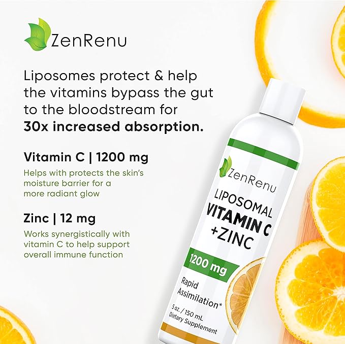 Zenrenu Liposomal Vitamin C and Zinc Liquid Drink for Adults & Kids - Non GMO Sunflower Lecithin - Max Antioxidant & Immune Support, 5 oz / 150 ml
