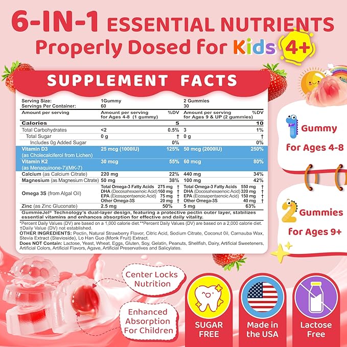 Kids Vitamin D3 K2 Filled Gummies 1000IU/2000IU D3 + K2(MK-7) with Calcium, Magnesium & Algal Omega 3(EPA/DHA) for Bones, Teeth, Muscles, Brain, Kids 4+ Vitamins (Low Dose Perfect For Adults), 60 Cts