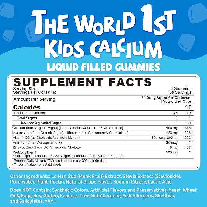 Sugar Free Kids Calcium Gummies (Made in USA) with Vitamin D3 K2, Magnesium, Zinc, Prebiotics, High Absorption Algae Calcium for Better Bone Growth & Development, Kids Vitamins Gummies, Vegan, 60 Cts