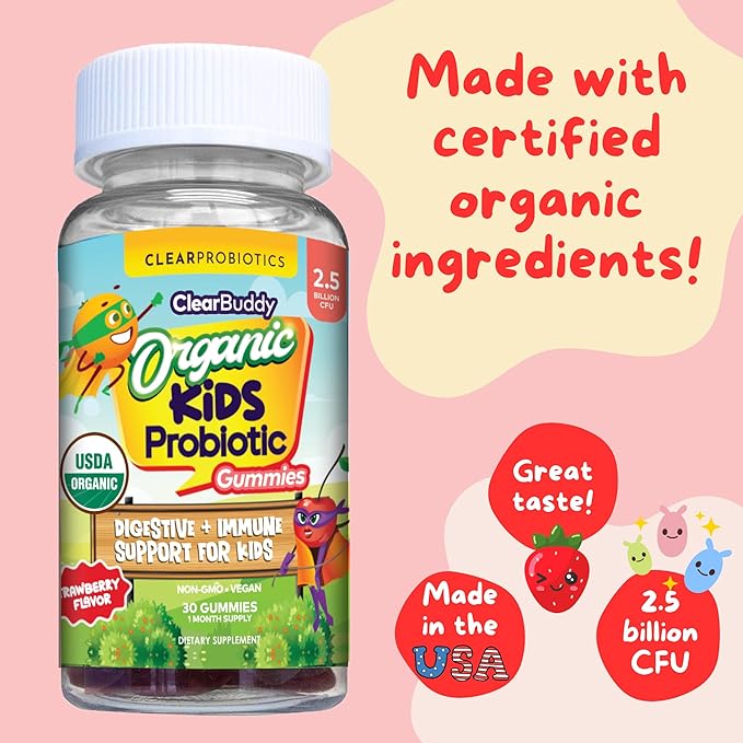 Kids Probiotics Gummies – Daycare Formulated Immunity Gummies - Immune System Boost & Improved Regularity - Plant-based Organic, 2.5 Billion CFU - DE111 Bacillus Subtilis - Strawberry – 1 Month Supply