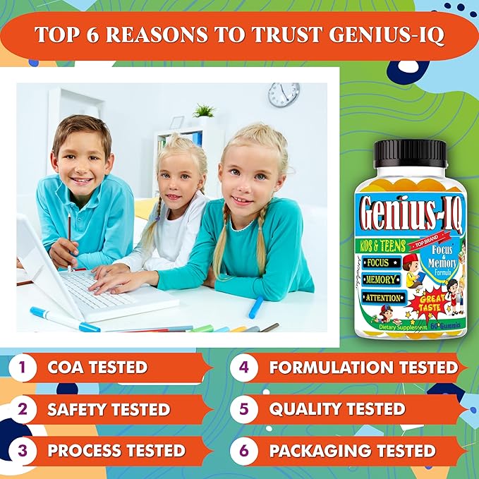 Genius IQ Kids Brain Supplements for Memory and Focus Omega 3-6-9, EPA DHA Gummy Vitamins, Brain Booster Calm Gummies,Supports Concentration, Clarity, Attention and Mood 60 Gummies