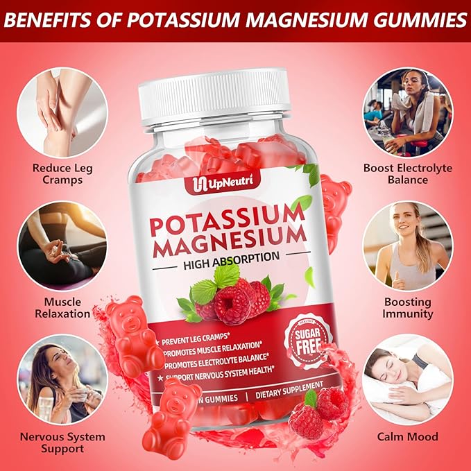 Potassium Magnesium Supplement Gummies for Adults Kids, Sugar-Free Potassium Citrate Gummies Supports Leg Cramps & Muscle & Heart Health, Vegan Magnesium Glycinate Gummies Raspberry Flavor 60 Cts