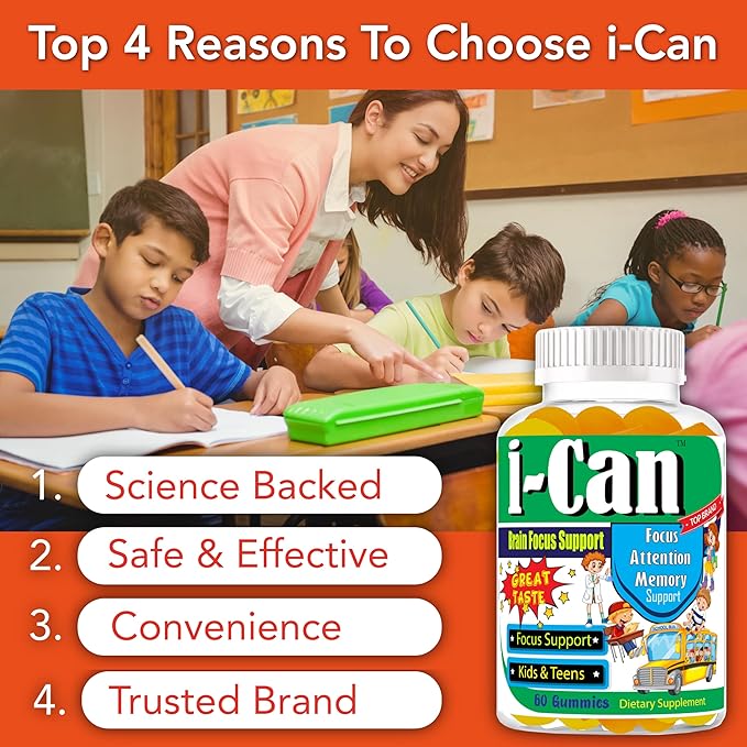 I-Can Brain Booster Supplement for Kids & Teens, Brain Support Focus Vitamins, Gummy Vitamins for Kids, Great Taste Memory Supplement for Brain, Omega 3 Gummies for Kids 60 Gummies