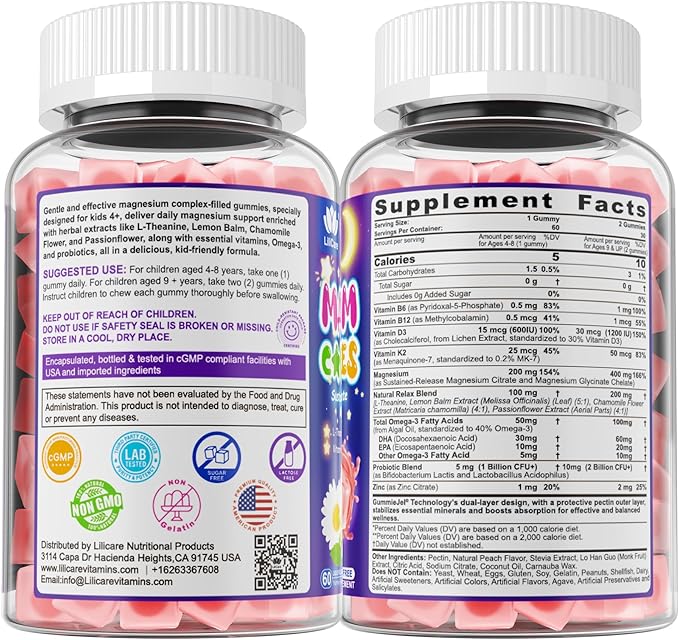 Magnesium Glycinate Gummies for Kids 4+ & Magnesium Citrate, Melatonin Free-Kids Magnesium Supplement w/L-Theanine, Omega 3, D3 K2, B6 B12, for Zzz, Relaxation, Muscle, Brain & Gut, Sugar Free 60 Cts