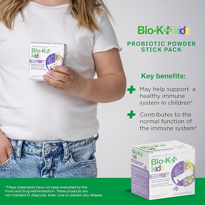 Bio K+ Daily Probiotic for Kids, Probiotic Powder with Limosilactobacillus fermentum LC40® and Vitamin D3, Shelf-Stable, Non GMO, Gluten Free - 28 Single-Serve Packets