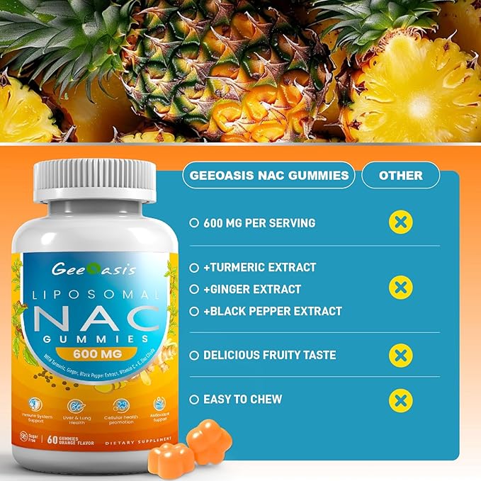 Liposomal NAC Gummies 600mg, N-Acetyl Cysteine Supplement for Kids & Adults, with Turmeric, Ginger, Black Pepper, Immune, Liver & Lung Support, Antioxidant, Sugar-Free Pineapple Flavor, 60 Counts