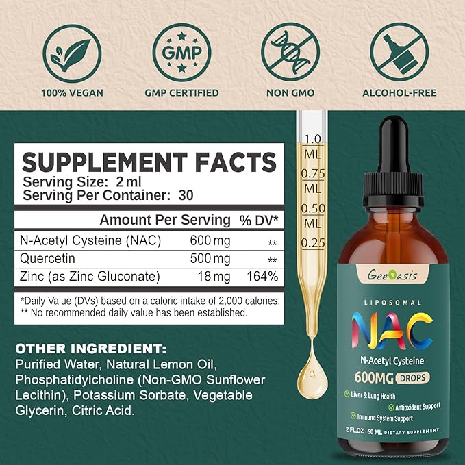 Liposomal Liquid NAC Supplement N-Acetyl Cysteine Drops, N Acetyl Cysteine 600 mg with Quercetin & Zinc for Adults & Kids, Liver & Lung Support, Antioxidant, Immune & Skin Health, 2 Fl Oz