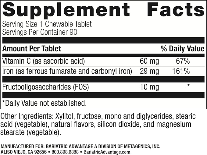 Bariatric Advantage Chewable Iron 29 mg - for Bariatric Surgery Patients - Iron with Vitamin C - No Iron Taste - Ferrous Fumarate & Carbonyl Iron Supplement - Passion Fruit - 90 Count