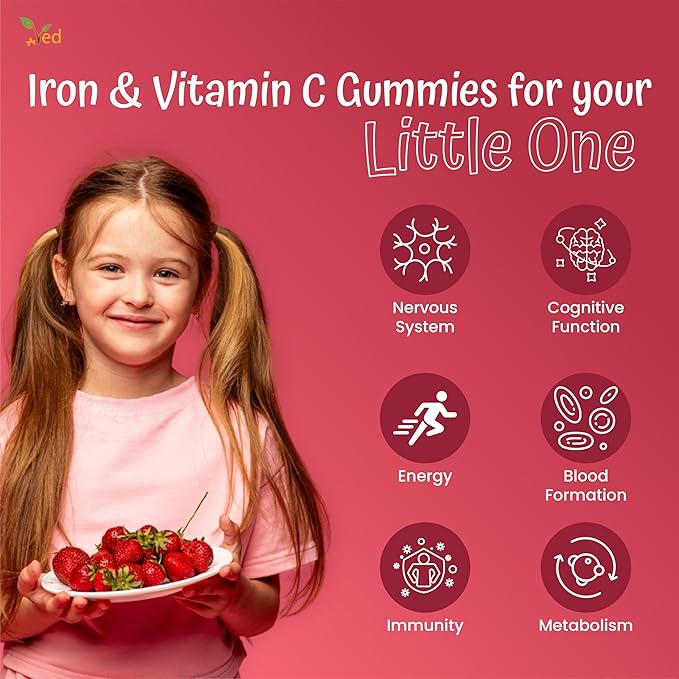 Ved Kids Iron Gummies for Iron Supplement, Energy & Immune System – Vegan - 15 Days Supply, 30 Chewable Kids Vitamins Gummies.(15 Days Supply)