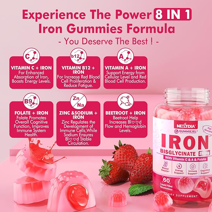 Vegan Iron + Beet Root Gummies, Iron Supplement for Women 26mg, w/Vitamin C Folate B12 Zinc, for Iron Deficiency, Energy Boost, Non-Constipating, No After Taste & Strawberry Flavor, Sugar-Free 60Cts
