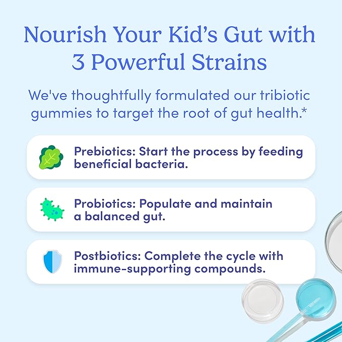 FIRST DAY Kids 3-in-1 Probiotic Gummies – Prebiotic + Probiotic + Postbiotic Supplement – Supports Digestive & Oral Health, Immune Function & Energy Levels – 30-Day Supply