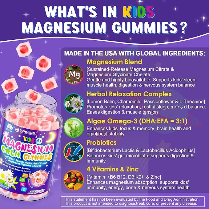 Magnesium Glycinate Gummies for Kids 4+ & Magnesium Citrate, Melatonin Free-Kids Magnesium Supplement w/L-Theanine, Omega 3, D3 K2, B6 B12, for Zzz, Relaxation, Muscle, Brain & Gut, Sugar Free 60 Cts