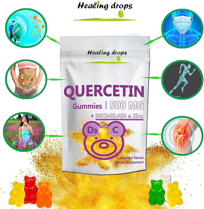 Quercetin with Bromelain Gummies - Vitamin C + Zinc + Vitamin D3 - Quercetin 500mg Gummies for Kids and Adults (1)
