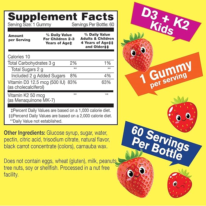 Vitamin D3 + K2 for Kids Gummies - Vitamin D3 1000 IU, K2 100 MCG - Bone and Muscle Health Support, Natural Flavors, GMO Free, Gluten Free, Vegan - K2 D3 Vitamin Supplement- 60 Gummies