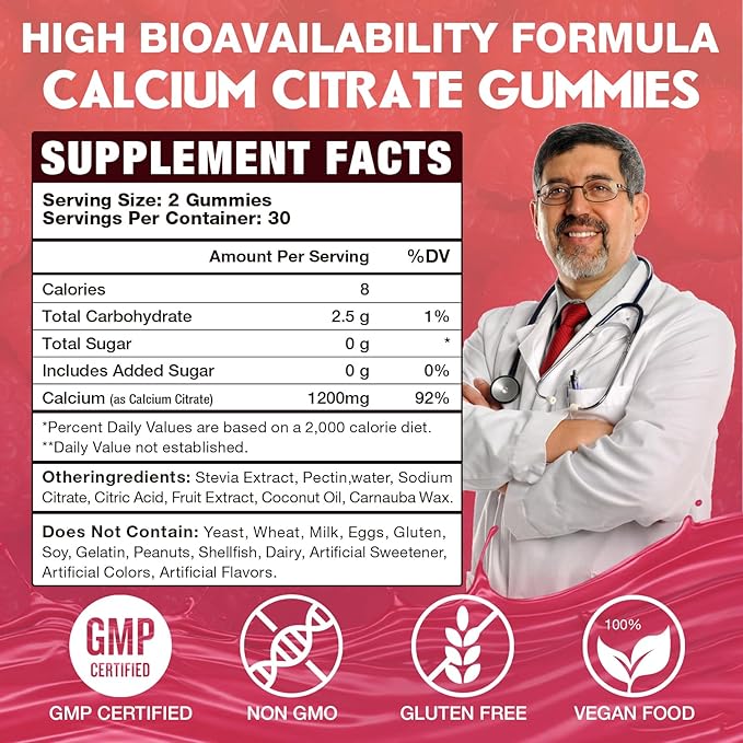 Calcium Citrate Gummies 1200mg for Adults & Kids - Bone & Teeth Support, Easy Absorption, Delicious Raspberry Flavor - Non-GMO, Gluten Free, Vegan - 60 Count