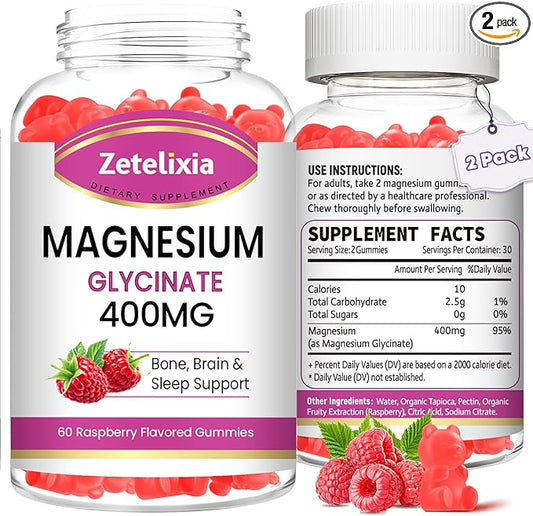 2 Pack Magnesium Glycinate Gummies, High Absorption Magnesium Glycinate Supplements for Relaxation, Sugar Free Chews for Adults & Kids, Relax Mood, Raspberry Flavor, 120 Count