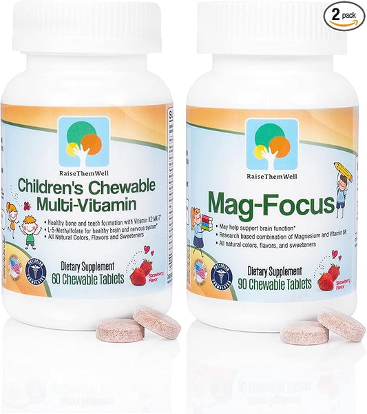 Mag Focus | Maganesium Citrate & B-6 for Kids| Natural Strawberry Flavored Magnesium Focus Supplements and Great Tasting Chewable Multivitamin for Kids Bundle