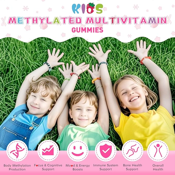 Methylated Multivitamin Chewable for Kids Gummies, MTHFR Supplement with L Methylfolate, Magnesium, Biotin, Choline, Inositol, DHA, TMG & CoQ 10, Immune & Brain Support, Strawberry Flavor, 60 Ct
