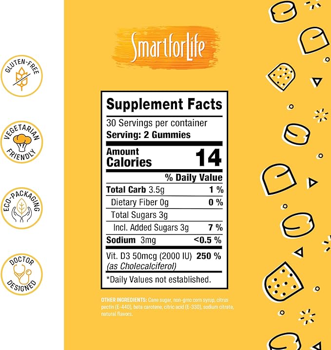 Smart for Life Vitamin D3 Gummies - High Absorption Vitamin D3 - Great for Immune Support & Bone Strength - Vitamin D Gummies for Adults or Kids - 60 Count